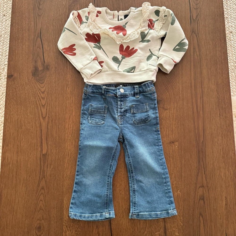 7 For All Mankind Cream and Red Sweater and Jeans Set, Size 18M